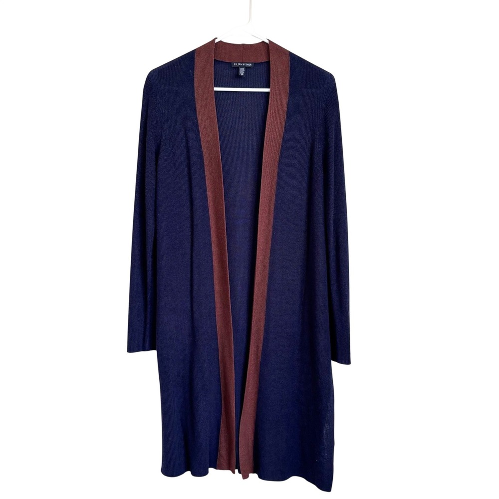Eileen Fisher Womens Silk Blend Open Front Long Cardigan S Navy Brown Minimalist